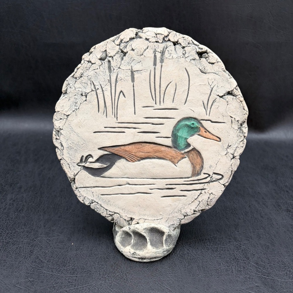 Stan Langtwait Volcanic Ash Mallard Duck Pottery Plaque with Stand Signed 7.5in